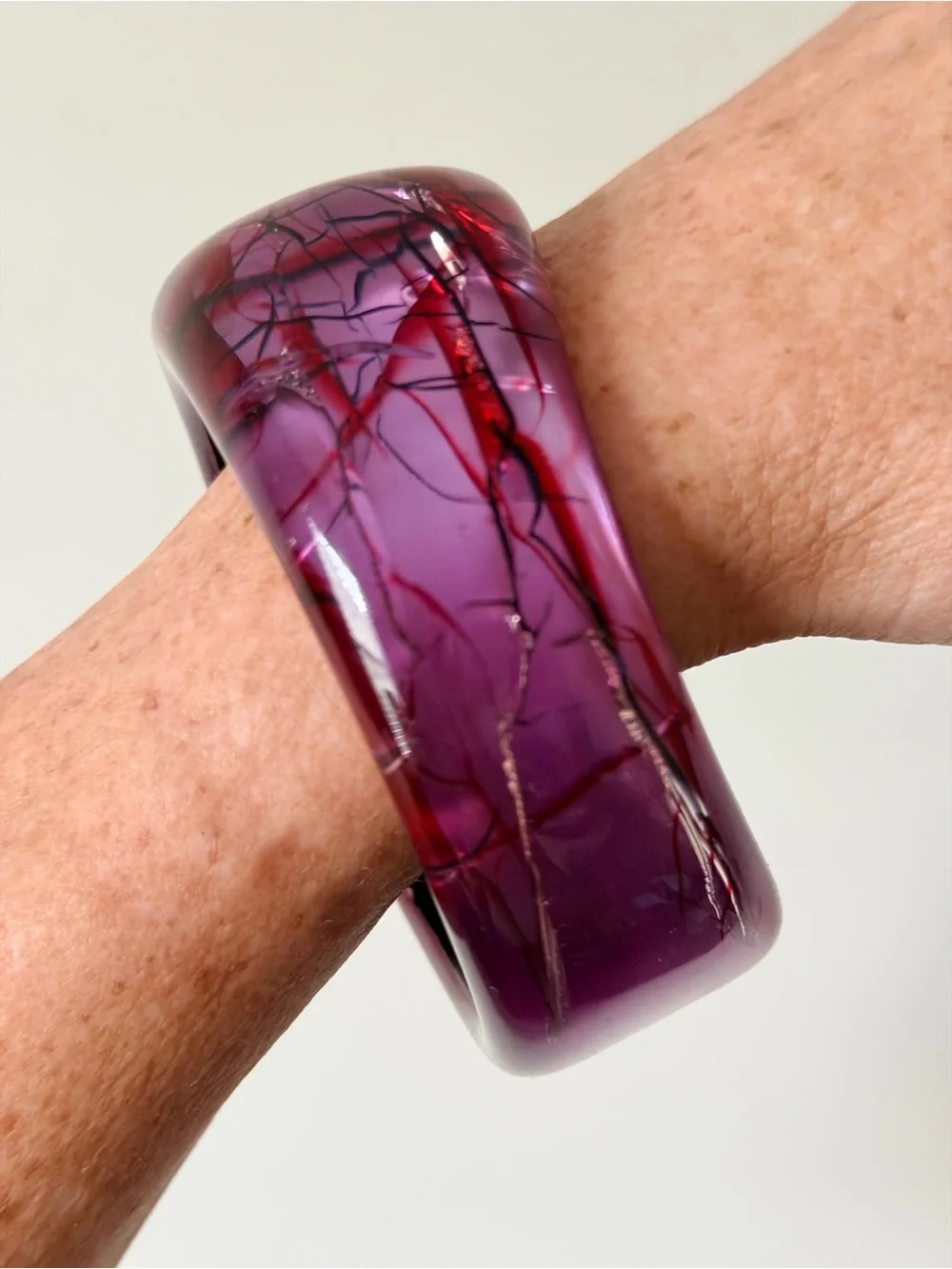 Vintage Purple Resin Bangle Bracelet with Red and Black Vein Accents